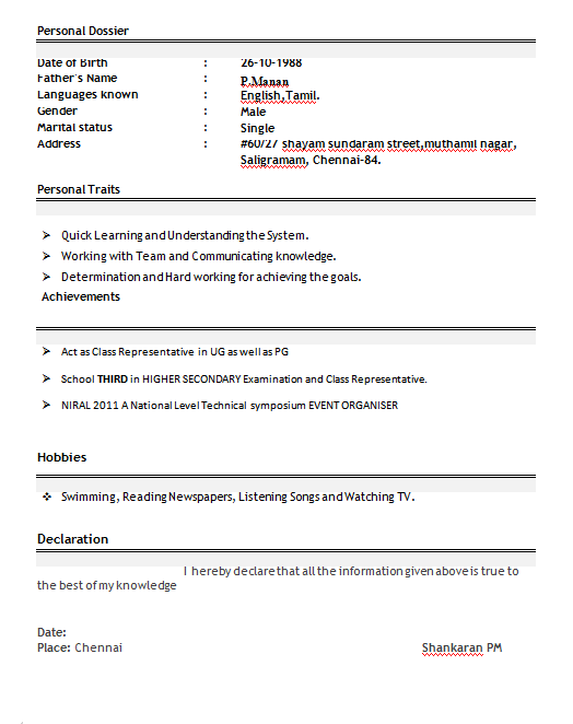 Simple resume format for it fresher